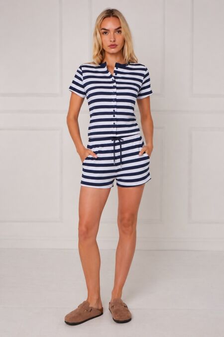 Navy Striped Ribbed Button-Front Crop Top With Shorts Set