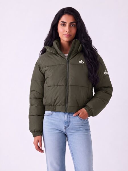 Khaki Short Hooded Printed Puffer Coat