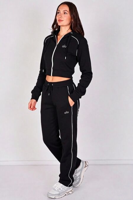 Black Printed Hooded Cropped Zip-Up & Side-Stripe Jogger Tracksuit Set
