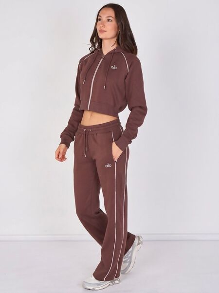 Chocolate Printed Hooded Cropped Zip-Up & Side-Stripe Jogger Tracksuit Set
