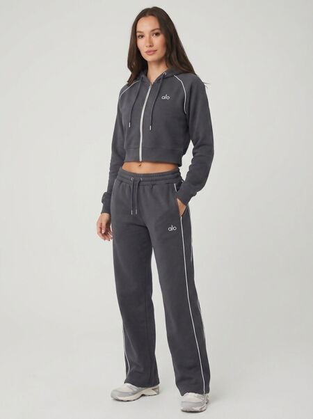 Grey Printed Hooded Cropped Zip-Up & Side-Stripe Jogger Tracksuit Set