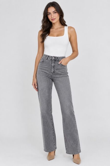 Grey High Waist Straight Leg Denim Jeans