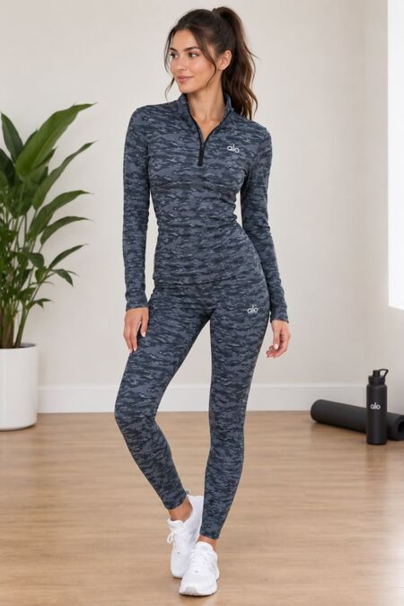 Dark Grey Long Sleeve Slim Fit Camo Top & Legging Gym set
