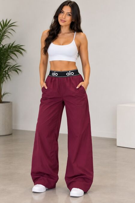 Wine Printed Contrast Waist Wide Leg Elastic Trousers