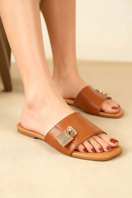 Tan Flat Slide Sandals with Gold Padlock Buckle