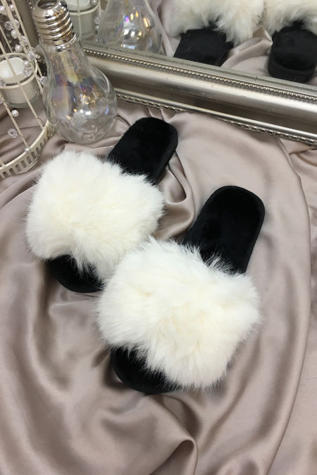 White Fluffy Faux Fur Slider Slippers