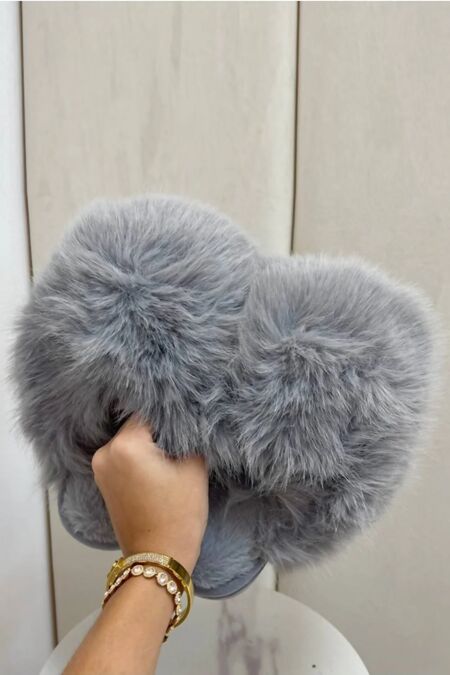Grey Faux Fur Lined Slip-on Slippers