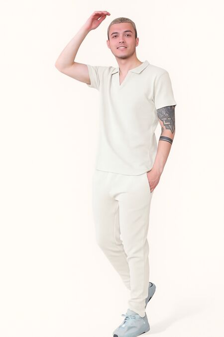 Stone Waffle Pattern Polo Short Sleeve Shirt and Trouser Set