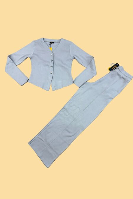 Dove Grey Soft Ribbed Buttoned Cardigan With Wide Leg Trouser