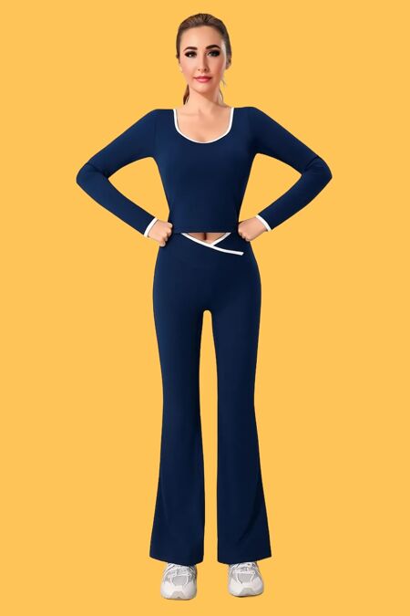 Navy Contrast Sculpt V Neck Top And Flared Gym Set