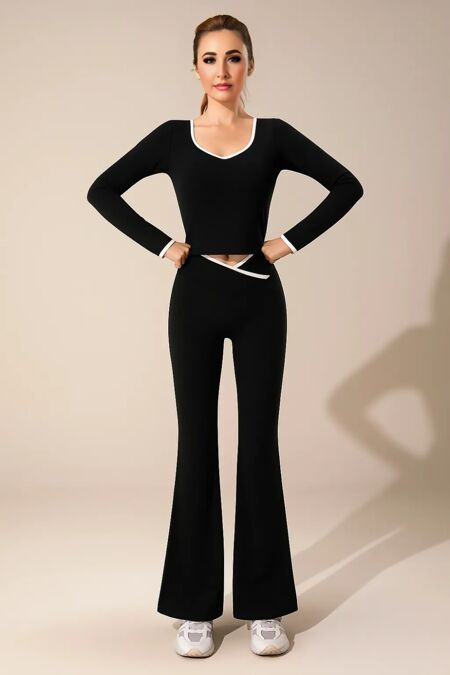 Black Contrast Sculpt V Neck Top And Flared Gym Set