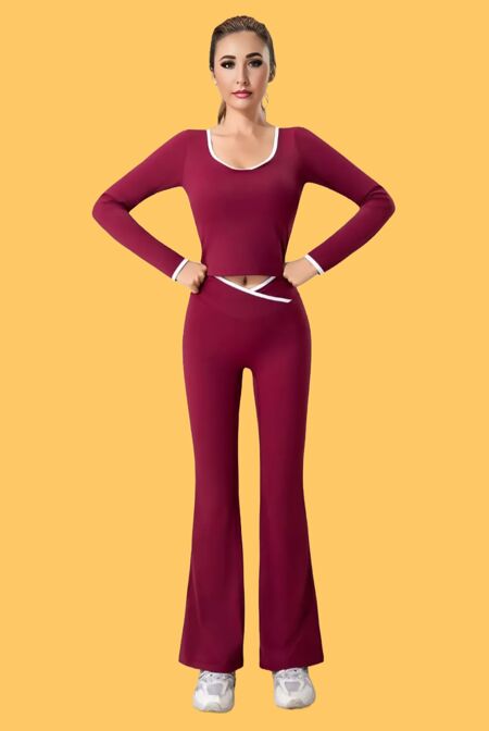 Wine Contrast Sculpt V Neck Top And Flared Gym Set