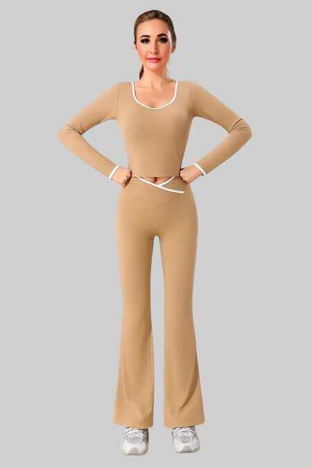Mocha Contrast Sculpt V Neck Top And Flared Gym Set