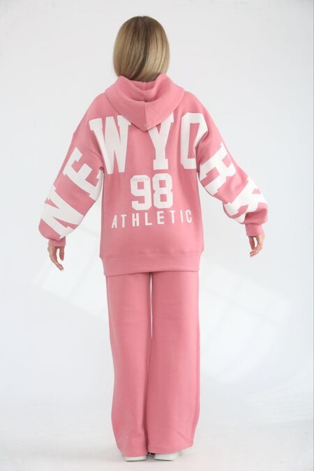 Rose Pink NEW YORK Printed Hoodie With Wide Leg Trouser