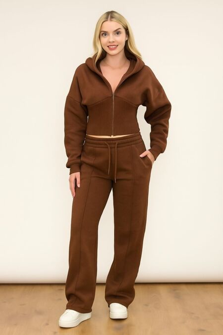 Brown Ribbed Corset Fit Hoodie With Straight Leg Trouser