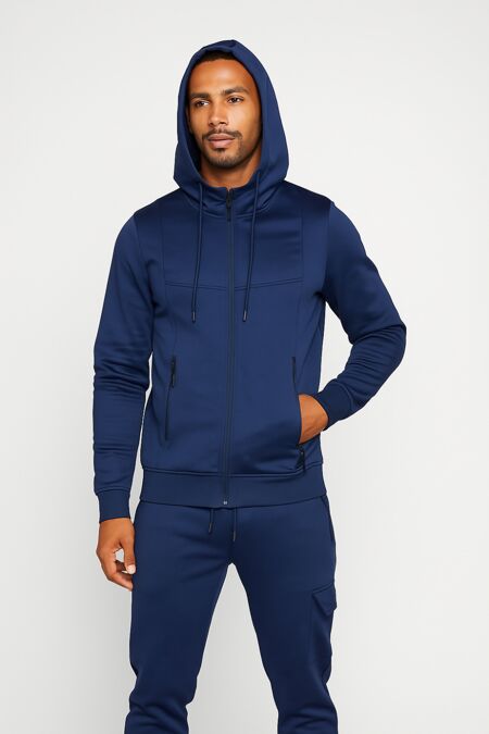 Navy Full-Zip Hoodie With Cargo Pocket Jogger Tracksuit