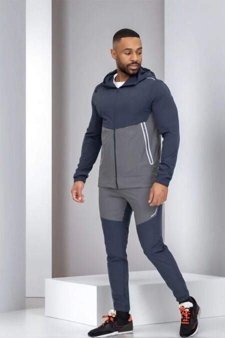 Slate Grey Softshell Hooded Windbreaker Jacket With Jogger