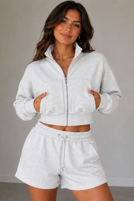 Bleach Grey Interlock Zipped Cropped Jacket With Short Set
