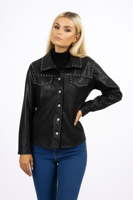 Black Studded Pu Leather Button Up Pocket Long Sleeve Shirt