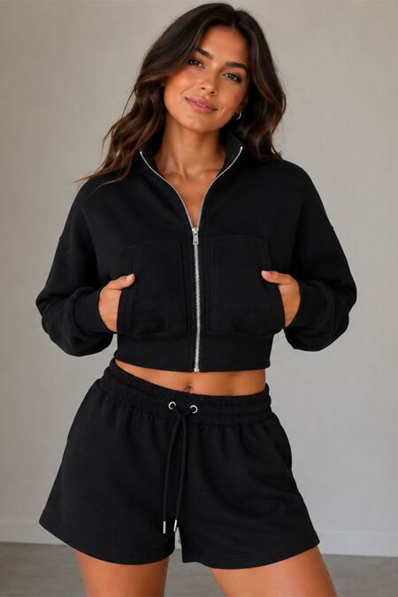 Black Interlock Zipped Cropped Jacket With Short Set