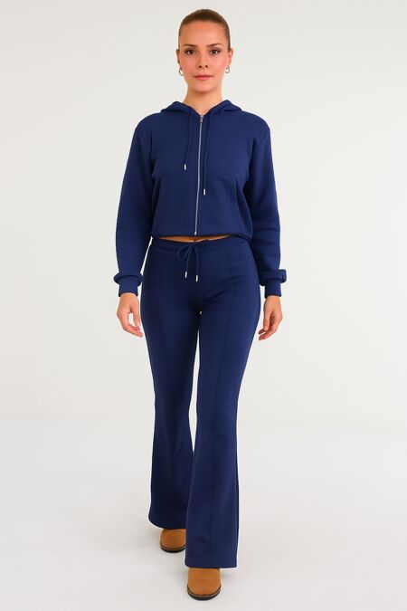 Navy Cropped Zipped Hoodie With Bell Bottom Trouser