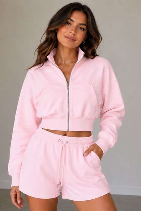 Pink Interlock Zipped Cropped Jacket With Short Set