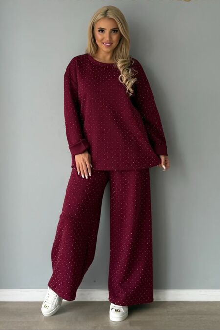 Long Sleeve Relaxed Fit Glitter Dot Sweatshirt With Wide Leg Trouser