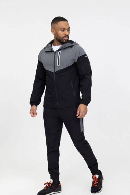 Black With Grey Softshell Hooded Windbreaker Jacket With Jogger