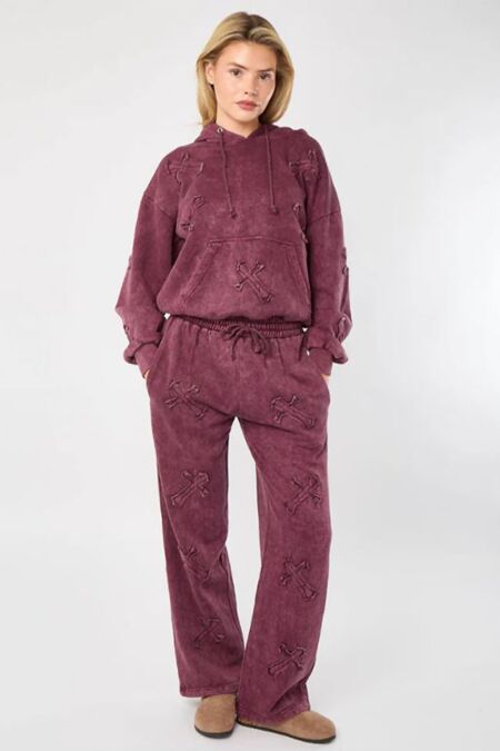 Wine Acid Wash Cross Patch Hooded Tracksuit