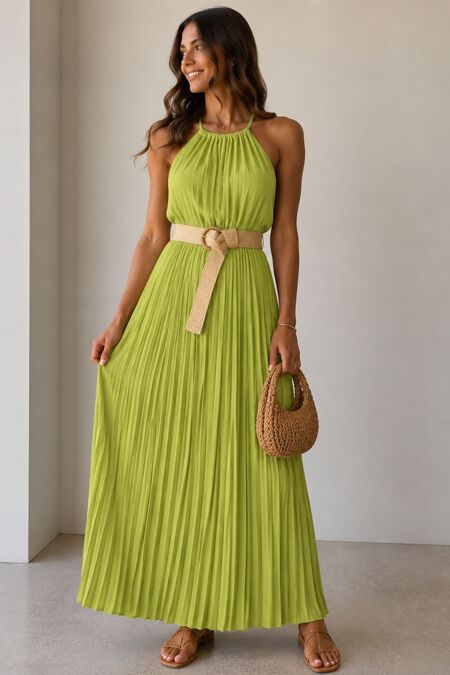 Sleeveless Elegant Pleated Waist Belt Halter Maxi Dress
