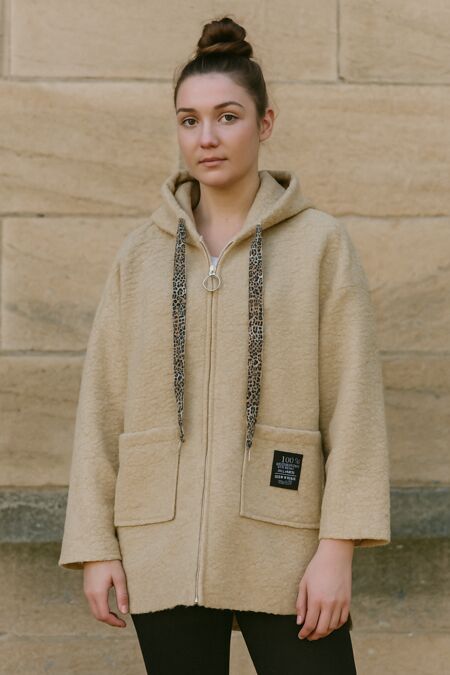 Oversized Teddy Fleece Hoodie With Leopard Print Drawstrings
