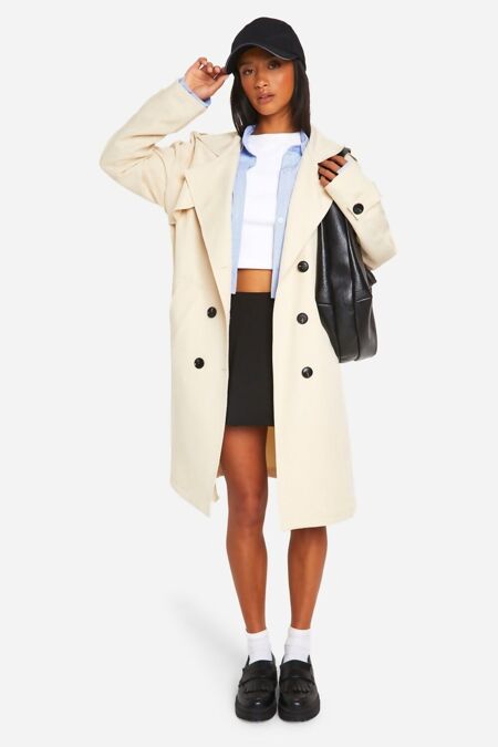 Beige Trench Belted Coat With Details Button