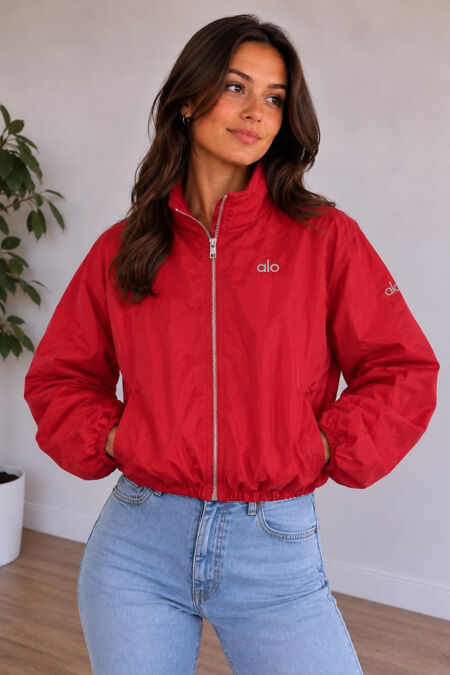 Red Balloon Sleeve Printed Lined Zip Windbreaker Jacket
