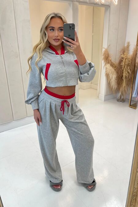 Contrast Cropped Zipped Hoodie With Wide Leg Trouser