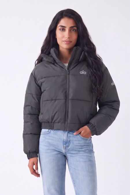 Charcoal Short Hooded Printed Puffer Coat