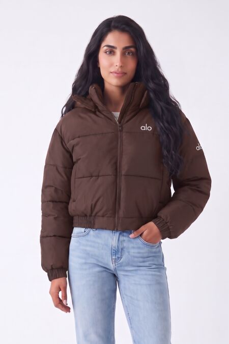 Chocolate Short Hooded Printed Puffer Coat