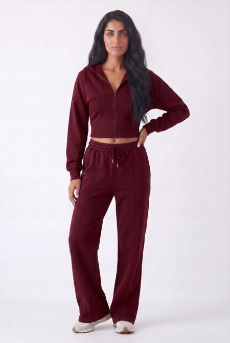 Wine Ribbed Corset Fit Hoodie With Straight Leg Trouser