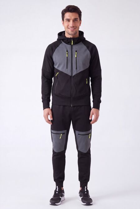 Black With Slate Grey Color block Slim Fit Hooded Jacket & Joggers