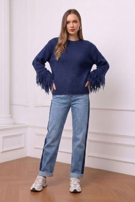 Fringe Sleeve Chunky Knitted Jumper