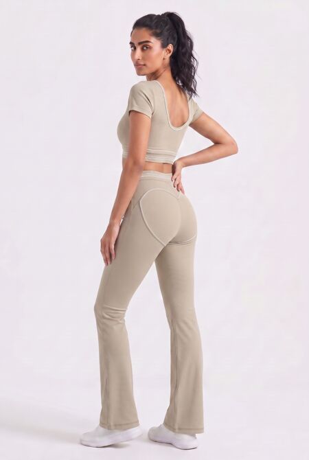 Beige V Neck Crop Top With High Waist Flare Leggings