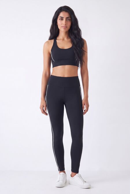 Black Sculpting Contrast Piping Crop Top And High Waisted Legging Set