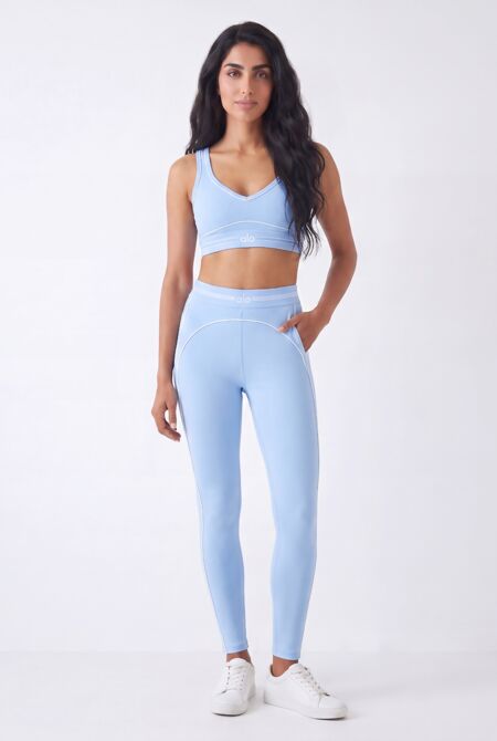 Blue Striped Printed Band Gym Crop Top And Legging Set