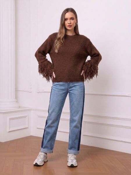 Fringe Sleeve Chunky Knitted Jumper