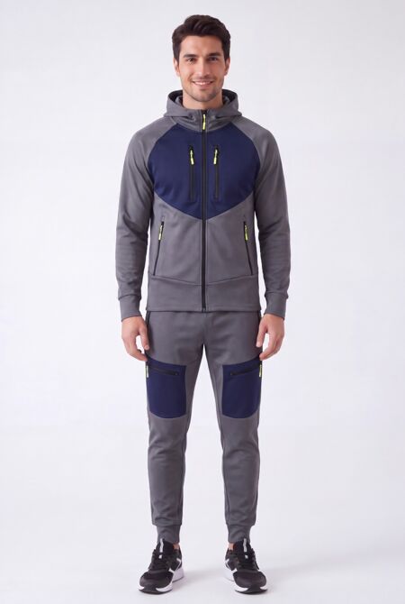 Slate Grey With Navy Color block Slim Fit Hooded Jacket & Cargo Joggers