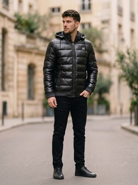 Black Pu Bubble Jacket With Detachable Hood