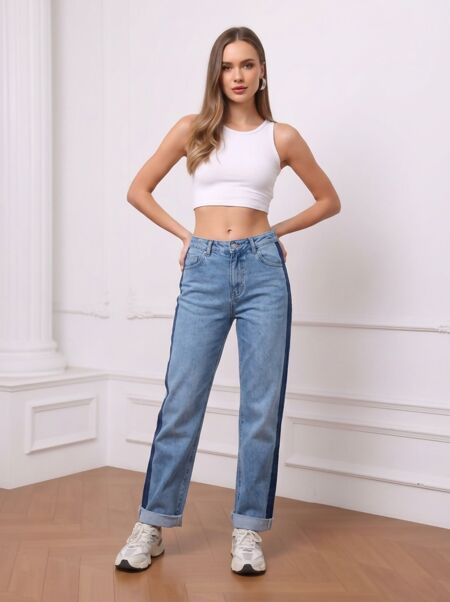 Denim Folded Hem Side Stripe Mom Jeans