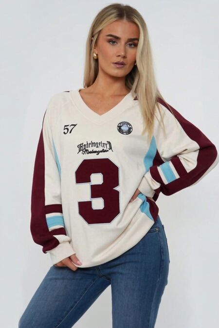 Ivory Oversized Athletic Slogan Varsity Sweatshirt