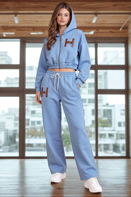 H-Buckle Detail Cropped Zipped Hoodie With Wide Leg Joggers