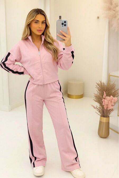 Pink Interlock 2 Stripe Sweatshirt With Wide Leg Trouser