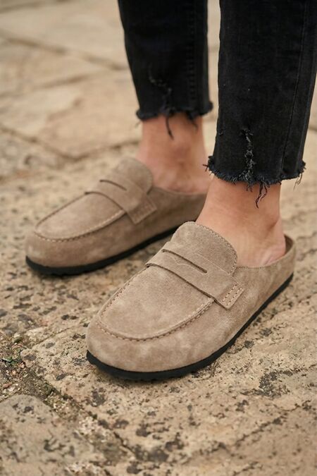 Camel Suede Mule Loafer Slip-On Comfort Flats